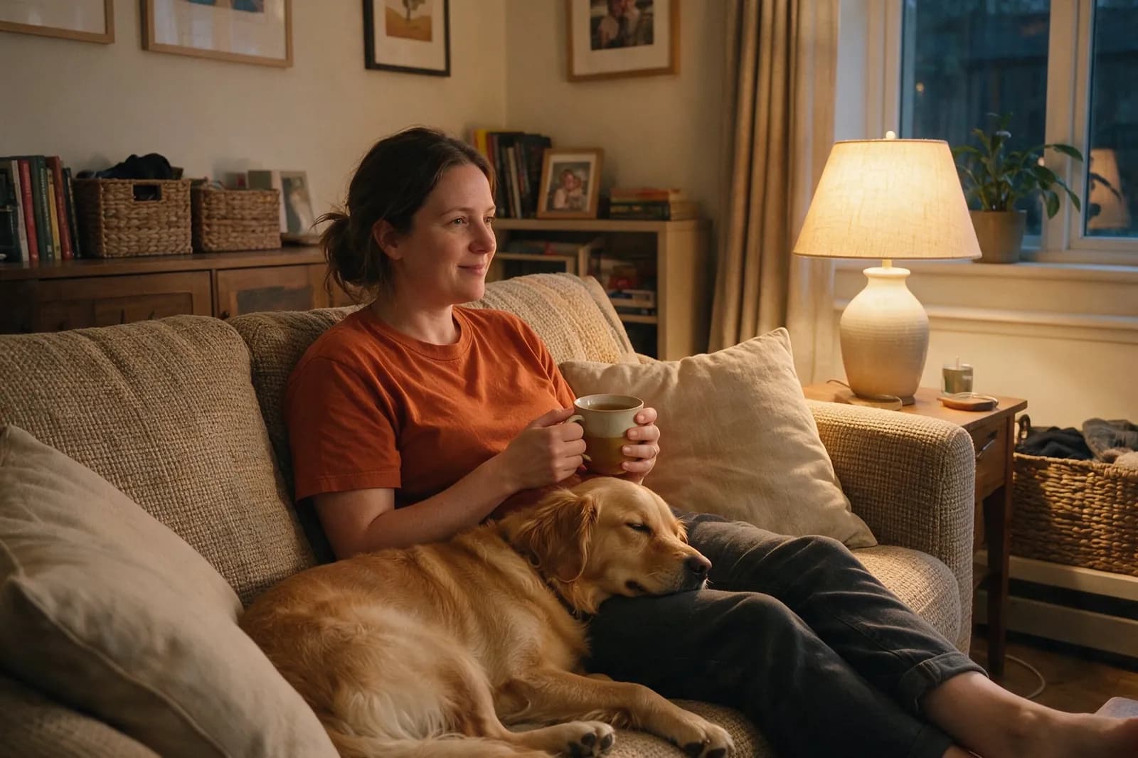 A veterinarian relaxing on the sofa at home in the evening, a dog asleep across her lap