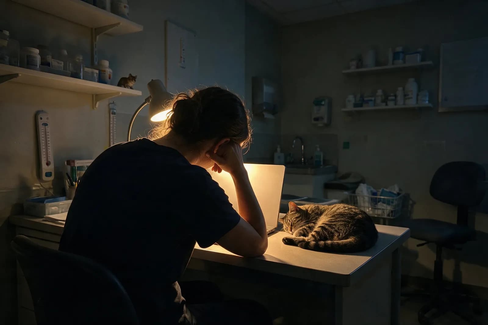 A tired veterinarian at a desk in a dark clinic at night, a cat asleep beside the laptop